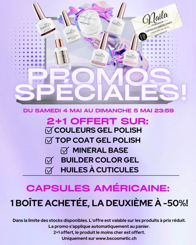 Let's goooooo!!!!
Profitez vite de nos offres exclusives, dimanche 23:59, c'est fini! 
Les promotions sont valable sur autant de multiples que vous voulez! Par exemple, ajouter 3 couleurs à votre panier vous n'en paierez que 2, ajoutez 6 couleurs, n'en payez que 4, ajoutez 9 couleurs, n'en payez que 6 etc etc! 
Valable par multiple de 3 dans chaque gamme séparément ( 2 couleurs ne donnent pas droit a 1 minérale base offerte par exemple).

Alors, préparez l'été en complétant vos nuanciers et profitez de notre super offre!

Les promotions s'appliquent automatiquement au panier. 
Partagez cette publication pour que le maximum de monde en profite!

Envois dans toute la Suisse en 1 jour ouvré 💻
www.bscosmetic.ch
(commande et paiement fait avant 15h, envoi le jour même en prioritaire) 

Boutique / Showroom / Formations
📍 rue du vieux- chêne 10
     1224 chêne-bougeries 
Horaires d'ouvertures en publication épinglée!
#indigonails #indigogeneve #indigonailsuisse #indigosuisseromande #indigoeducator #donails #gelpolish #swissnails #shopindigo #boutiqueindigo #nailsnailsnails #ilovemyjob #formationindigo #nails #semipermanent #nailstagram #perfectnails #nailsoftheday #indigoswitzerland #nailart #indigosuisse #formationonglerie #nailsindigo #ongles #nailporn #nailoftheday #nailsaddict #staleksuisse