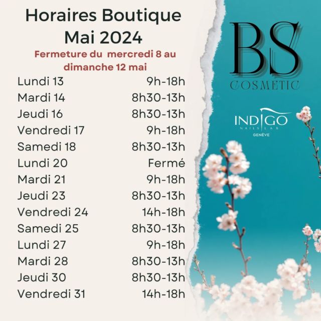 ⚠️Nouveaux horaires boutique!⚠️
Afin de mieux vous servir, nous commençons une tournée des instituts!
Nous adaptons donc les horaires boutique pour le mois de Mai!
Vous voulez que nous venions vous voire? Alors écrivez nous en DM pour réserver votre créneau!!!

Envois dans toute la Suisse en 1 jour ouvré 💻
www.bscosmetic.ch
(commande et paiement fait avant 15h, envoi le jour même en prioritaire) 

Boutique / Showroom / Formations
📍 rue du vieux- chêne 10
     1224 chêne-bougeries 
Horaires d'ouvertures en publication épinglée!
#indigonails #indigogeneve #indigonailsuisse #indigosuisseromande #indigoeducator #donails #gelpolish #swissnails #shopindigo #boutiqueindigo #nailsnailsnails #ilovemyjob #formationindigo #nails #semipermanent #nailstagram #perfectnails #nailsoftheday #indigoswitzerland #nailart #indigosuisse #formationonglerie #nailsindigo #ongles #nailporn #nailoftheday #nailsaddict #staleksuisse