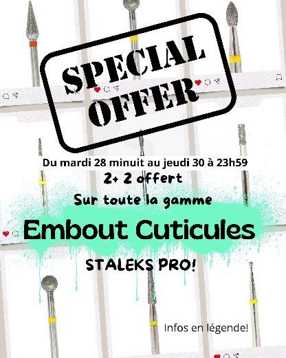 Offre spéciale site les embouts cuticule Staleks!

Choisissez 4 embouts cuticules de la gamme Staleks pro et n'en payez que 2!

Profitez vite, la promo s'arrête à 23h59 jeudi 30 mai! 

Retrouvez la gamme sur notre site 
www.bscosmetic.ch
Staleks->embouts cuticules.

La réduction s'applique automatiquement au panier pour tout les multiples de 4.

Envois dans toute la Suisse en 1 jour ouvré 💻
www.bscosmetic.ch
(commande et paiement fait avant 15h, envoi le jour même en prioritaire)

Boutique / Showroom / Formations
📍 rue du vieux- chêne 10
  1224 chêne-bougeries 
Horaires d'ouvertures en publication épinglée!
#indigonails #indigogeneve #indigonailsuisse #indigosuisseromande #indigoeducator #donails #gelpolish #swissnails #shopindigo #boutiqueindigo #nailsnailsnails #ilovemyjob #formationindigo #nails #semipermanent #nailstagram #perfectnails #nailsoftheday #indigoswitzerland #nailart #indigosuisse #formationonglerie #nailsindigo #ongles #nailporn #nailoftheday #nailsaddict #staleksuisse
