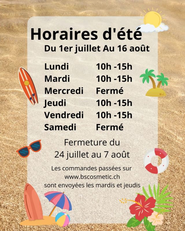 🕡☀️Horaires d'été!☀️🕕
Enregistrez nos horaires d'été de la boutique! 

En dehors des heures d'ouverture, nous passons vous présenter nos couleurs et produits directement dans vos instituts! 
Demandez vite votre rdv! 

Le site est toujours ouvert, les commandes passées avant 15h les jours ouvrés, sont envoyées en prioritaire le jour même! 

Pendant la fermeture estivale, les commandes passées en ligne sont envoyées les mardi et jeudi!

Nous vous souhaitons un magnifique été! 

Envois dans toute la Suisse en 1 jour ouvré 💻
www.bscosmetic.ch
(commande et paiement fait avant 15h les jours ouvrés, envoi le jour même en prioritaire) 

Boutique / Showroom / Formations
📍 rue du vieux- chêne 10
     1224 chêne-bougeries 
Horaires d'ouvertures en publication épinglée!
#indigonails #indigogeneve #indigonailsuisse #indigosuisseromande #indigoeducator #donails #gelpolish #swissnails #shopindigo #boutiqueindigo #nailsnailsnails #ilovemyjob #formationindigo #nails #semipermanent #nailstagram #perfectnails #indigoswitzerland #nailart #indigosuisse #formationonglerie #nailsindigo #ongles #nailoftheday #nailsaddict #staleksuisse #poseamericaine #capsulesamericaine #shopsuisseromande